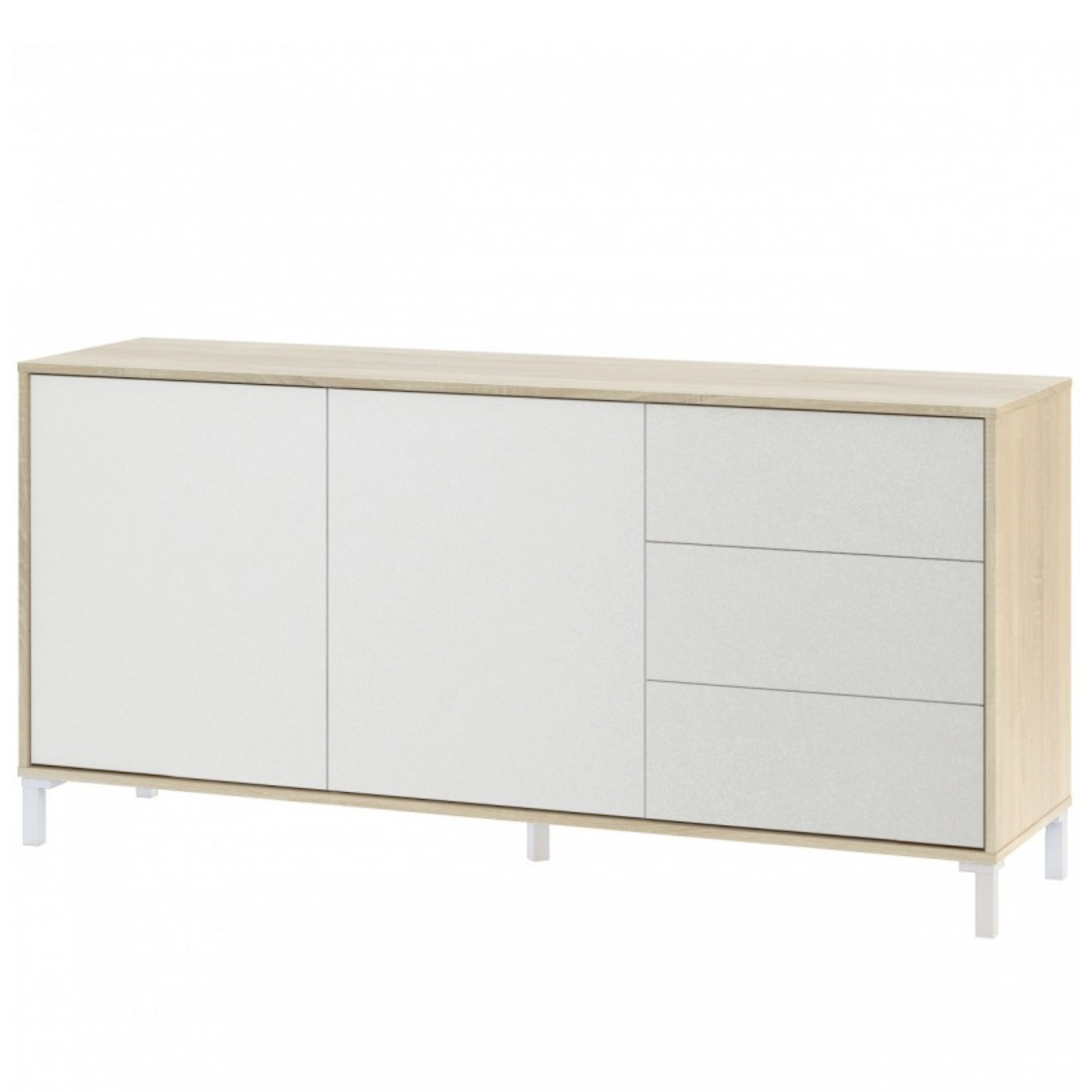 Credenza moderna multiuso "Manhattan" struttura in legno con 2 ante e 3 cassetti rovere e bianco