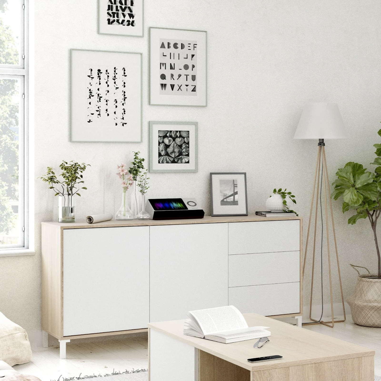 Credenza moderna multiuso "Manhattan" struttura in legno con 2 ante e 3 cassetti rovere e bianco