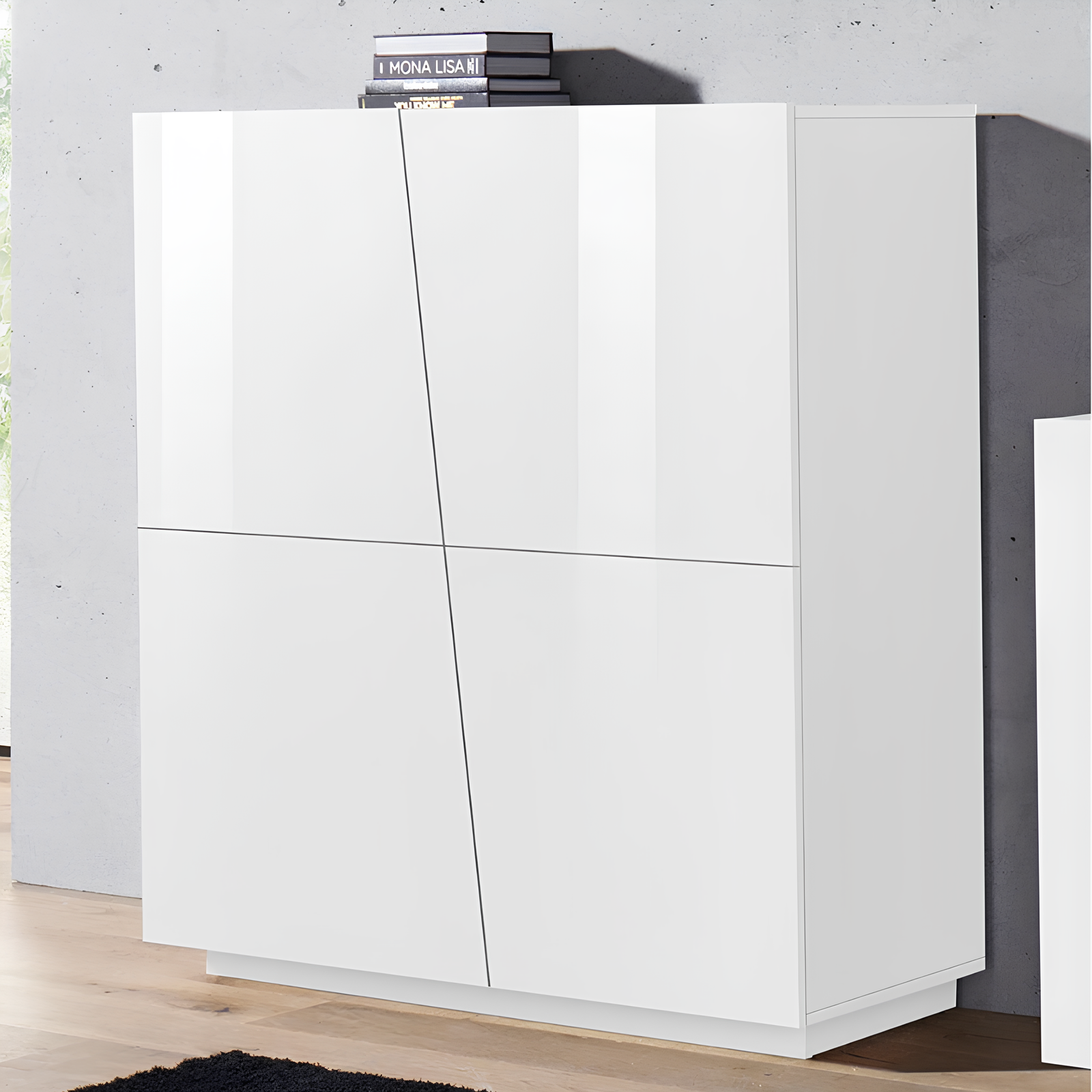 Credenza Mobile da soggiorno 120 cm bianco lucido con 4 ante a taglio diagonale - Lume