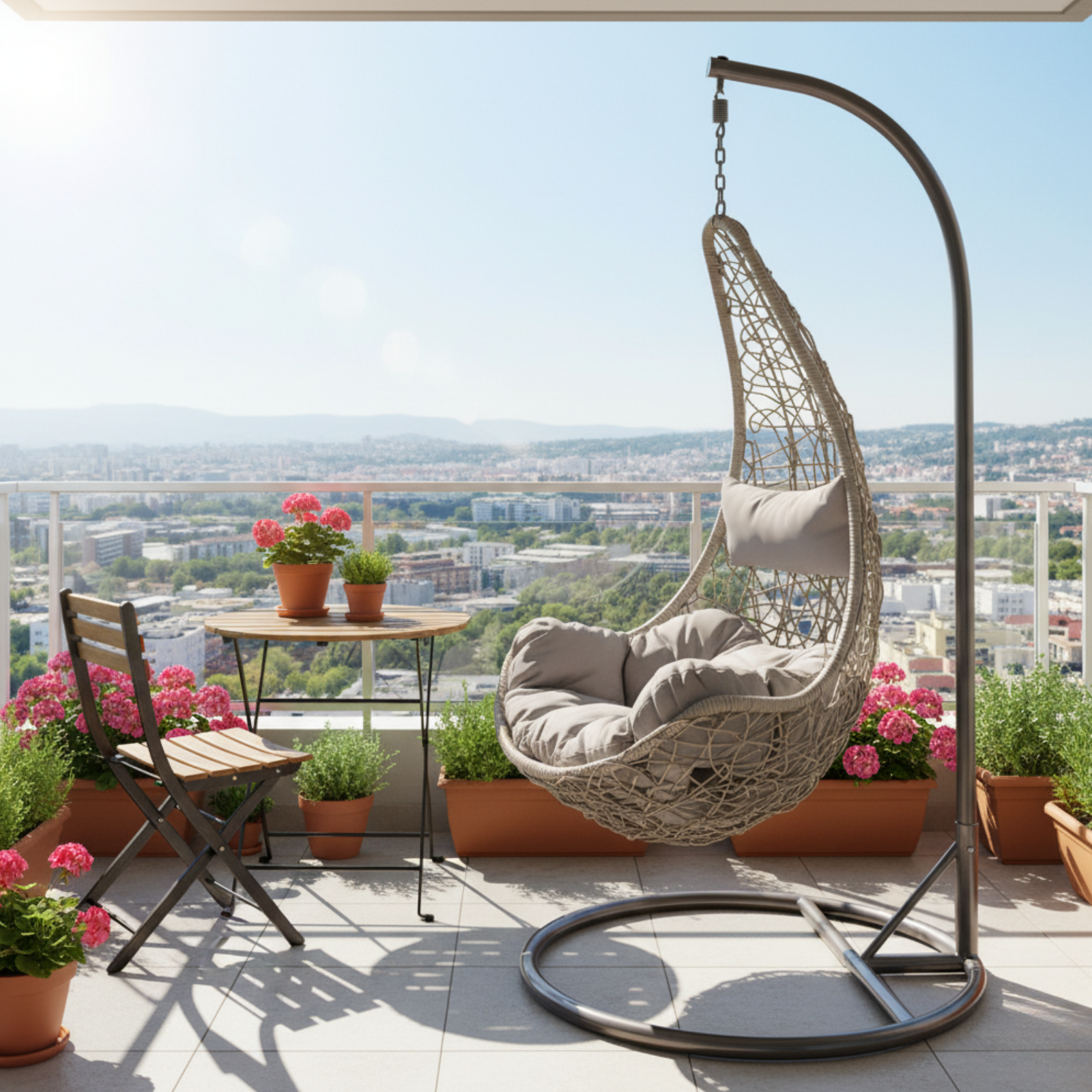 Poltrona sospesa struttura in metallo tortora seduta in wicker - Ponza