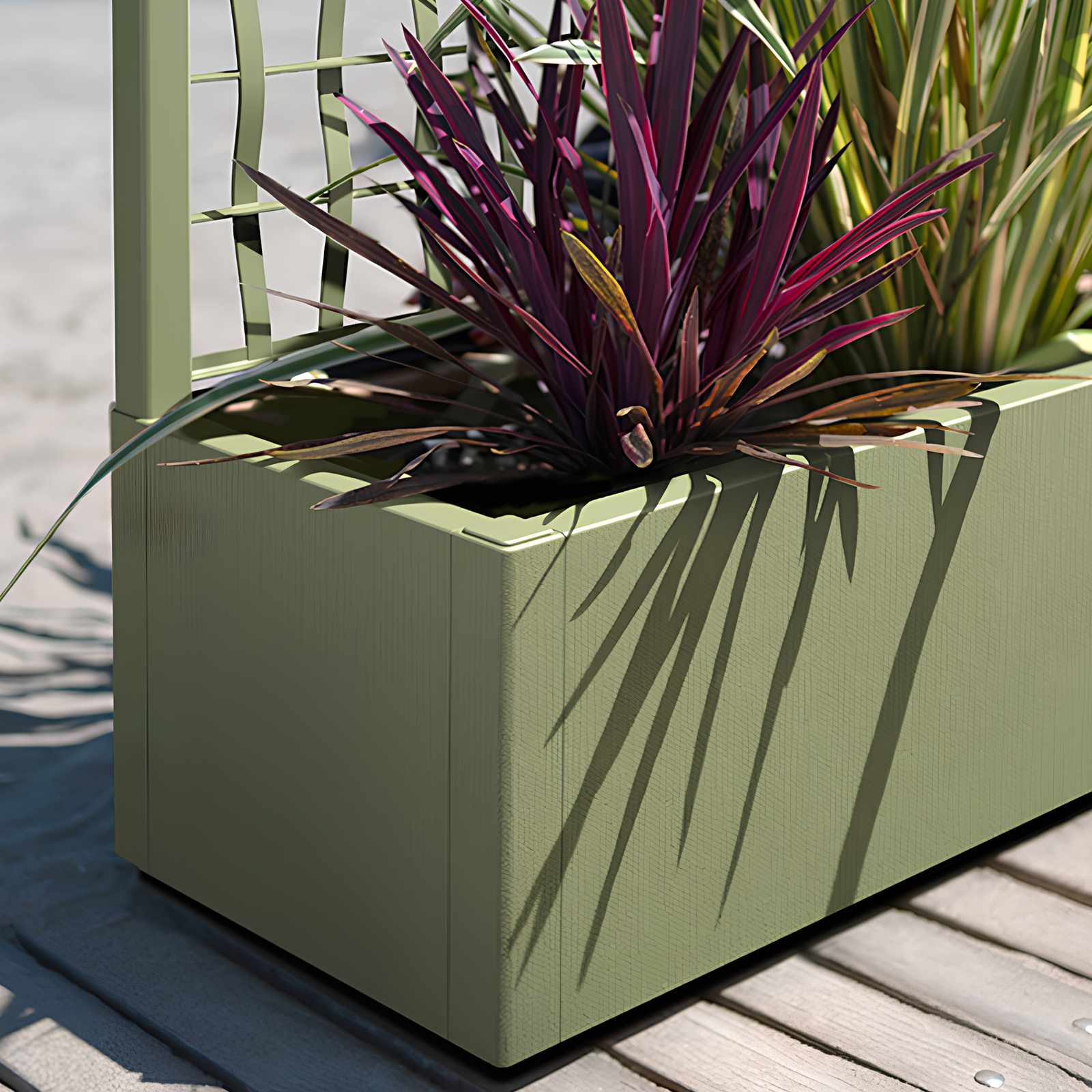 Fioriera rettangolare con spalliera da esterno design moderno Verde Oliva con pedana drenante - Ethica