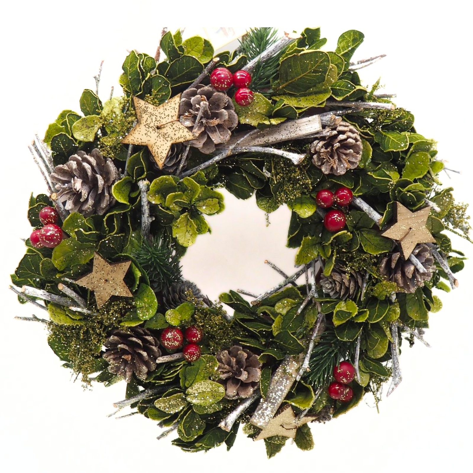 Ghirlanda natalizia fuori porta "Sestie" con foglioline,bacche,pigne e stelle Ø 30 cm