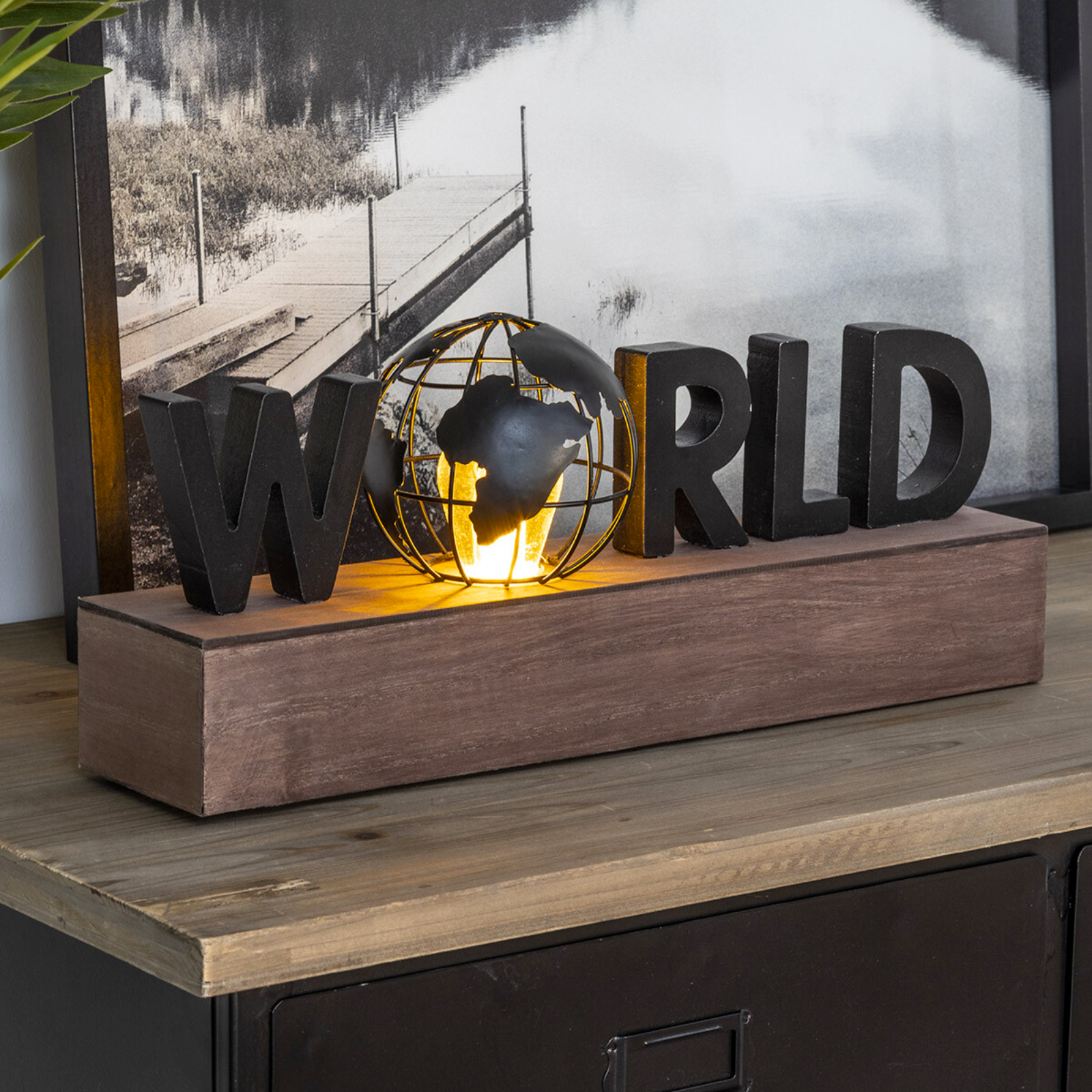 Lampada decorativa "World" led a batterie con struttura in legno e metallo H 38 cm