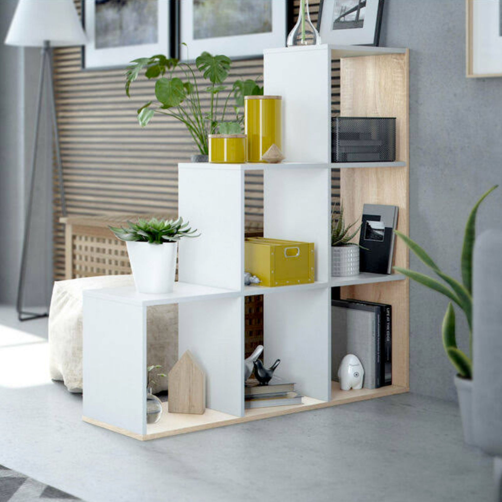 Libreria in legno design a scaletta rovere e bianco lucido con 6 cubi moderna per ingresso o ufficio