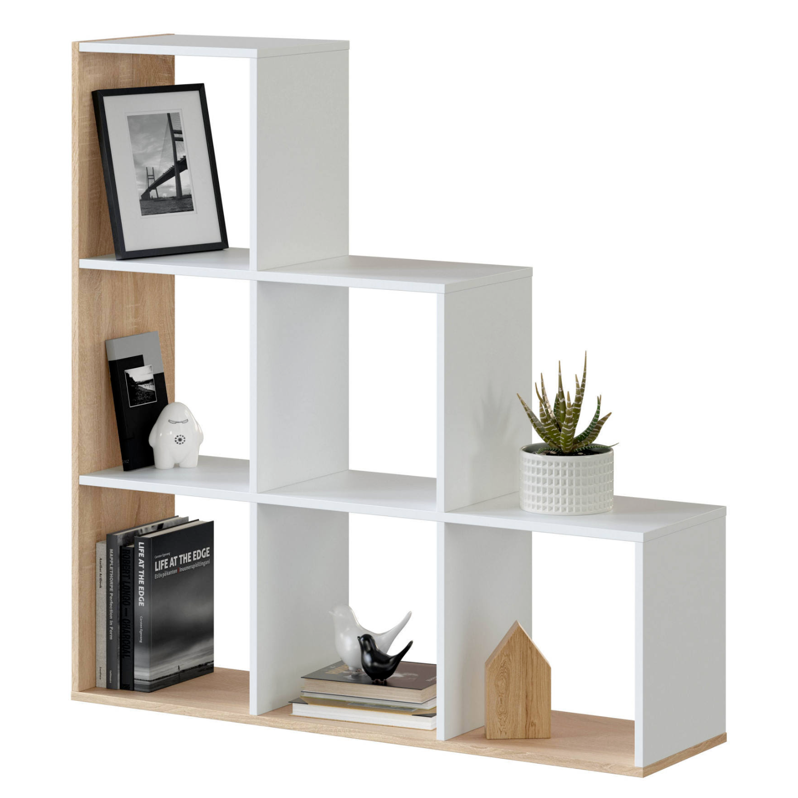 Libreria in legno design a scaletta rovere e bianco lucido con 6 cubi moderna per ingresso o ufficio