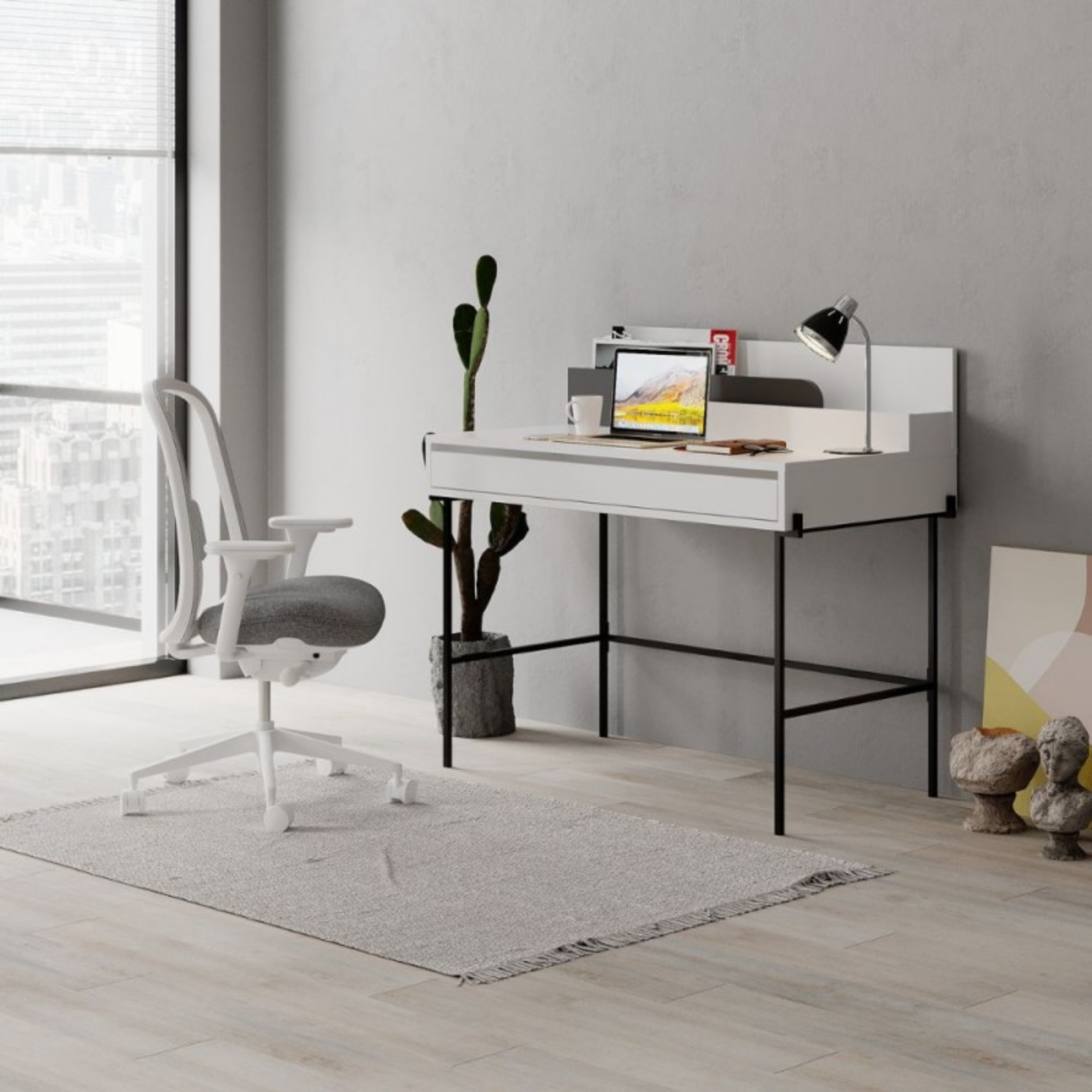 Scrivania 110x101 H design moderno bianco con dettagli antracite - Leil