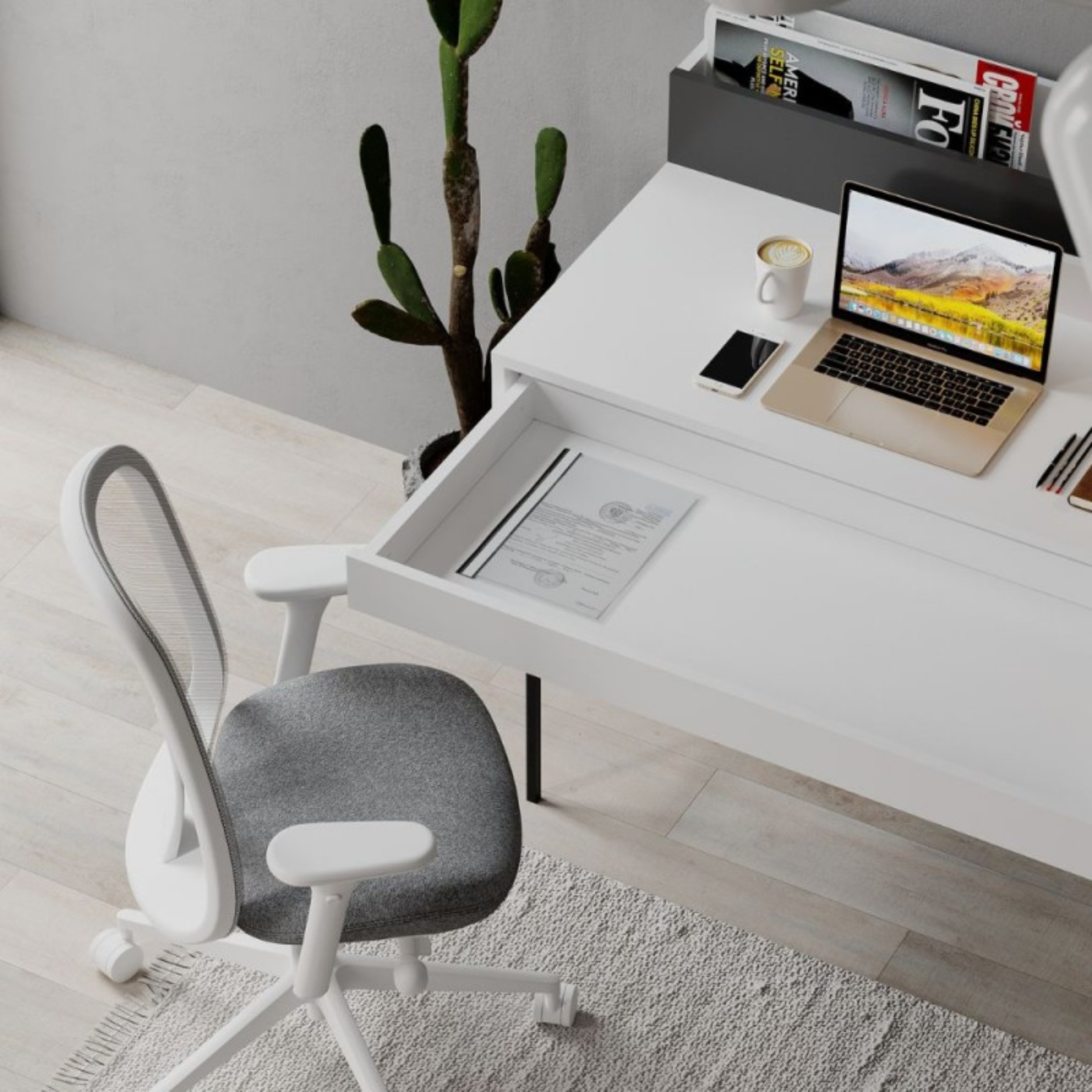 Scrivania 110x101 H design moderno bianco con dettagli antracite - Leil