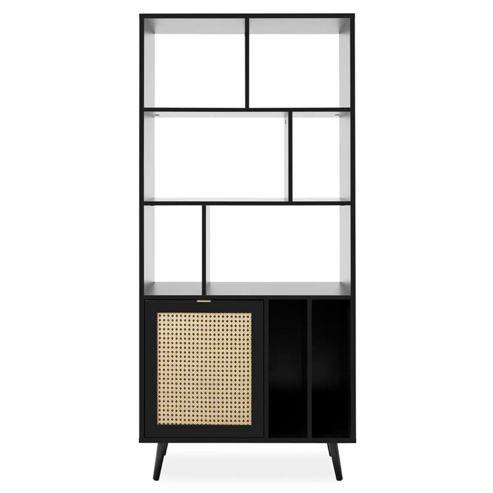 Libreria da soggiorno o parete "Aurora" 8 ripiani e 1 anta in legno nera con frontali effetto vimini