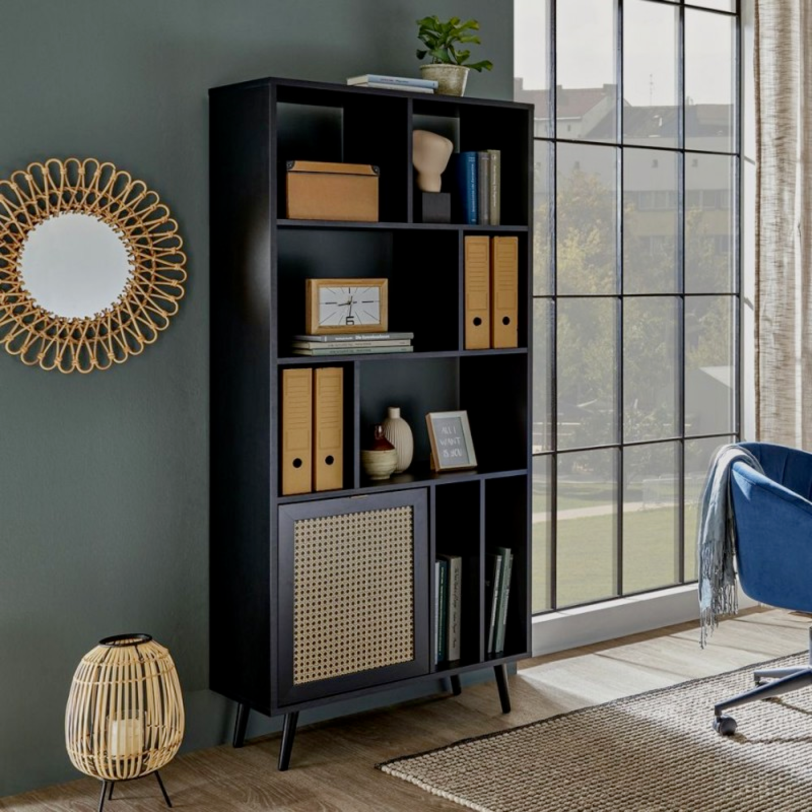 Libreria da soggiorno o parete "Aurora" 8 ripiani e 1 anta in legno nera con frontali effetto vimini