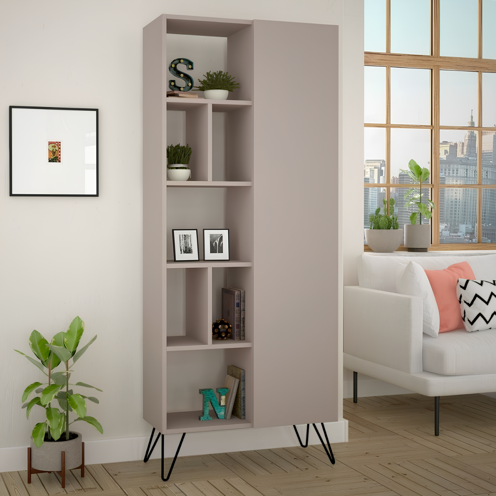 Libreria in legno design moderno tortora con 7 ripiani e 1 anta piedi in metallo nero - Jedda