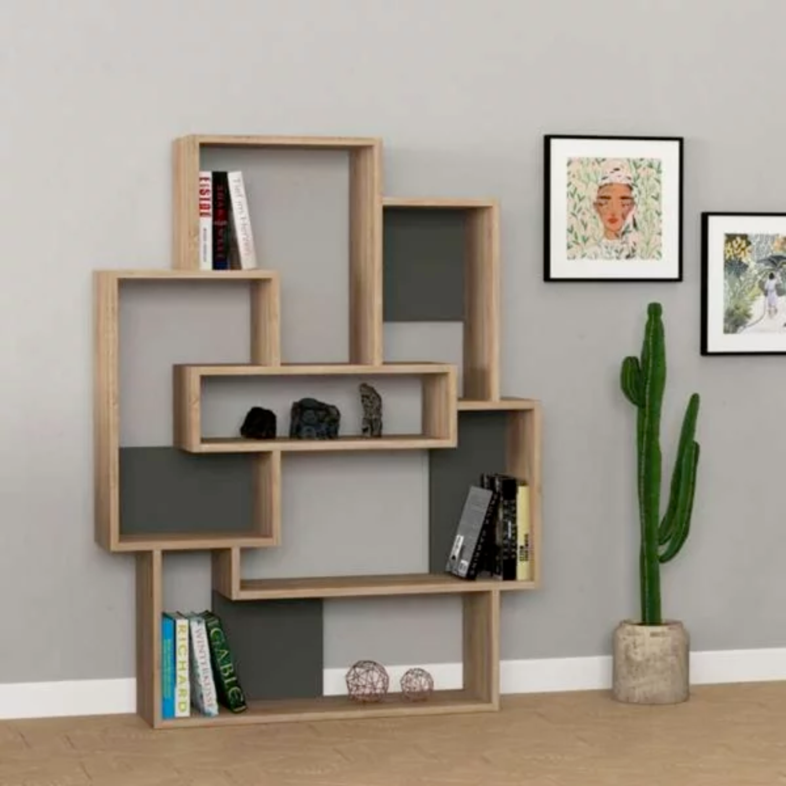Libreria da soggiorno in legno design moderno geometrico color rovere e antracite