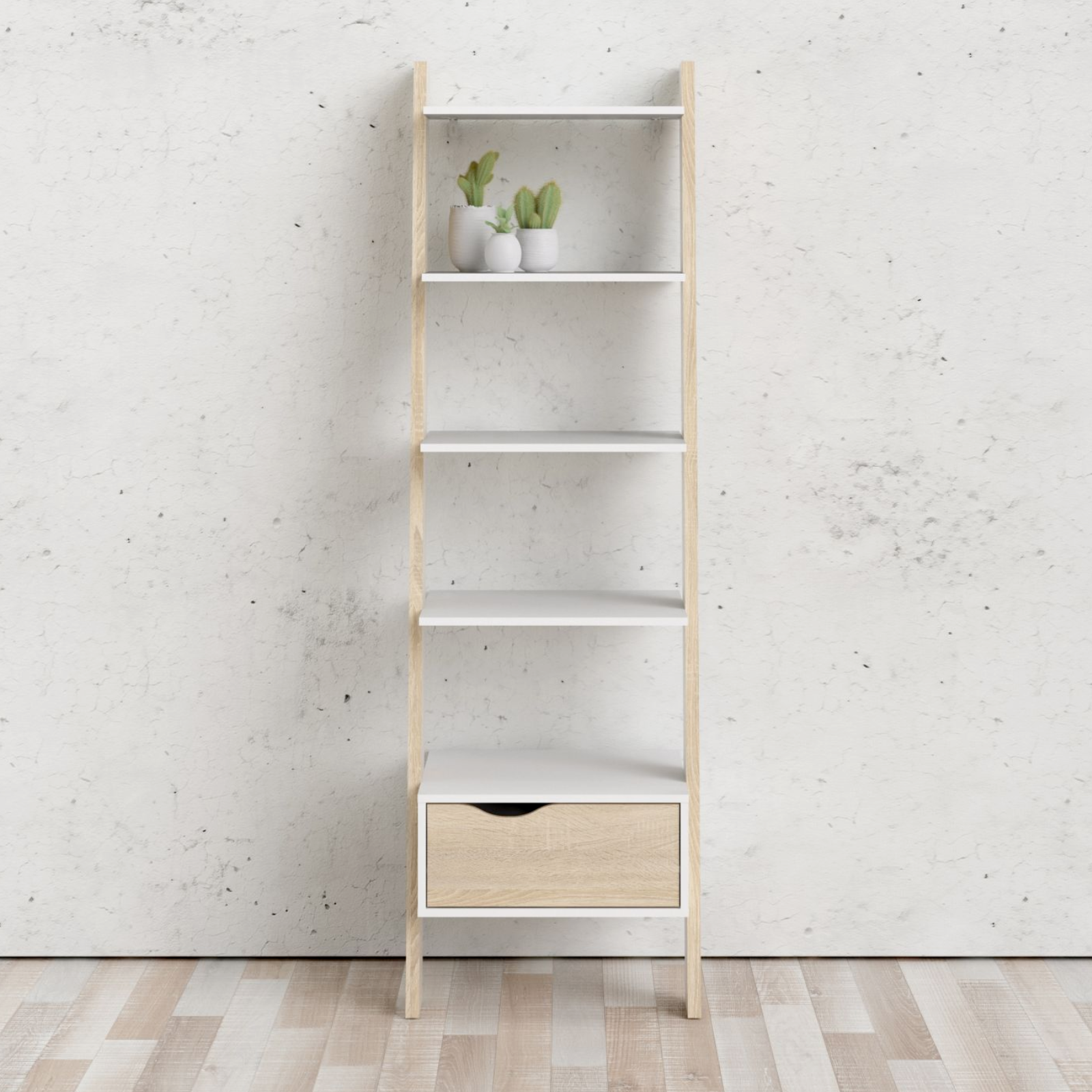 Libreria in legno "Oslo" moderna rovere e bianca con 4 ripiani e 1 cassetto contenitore