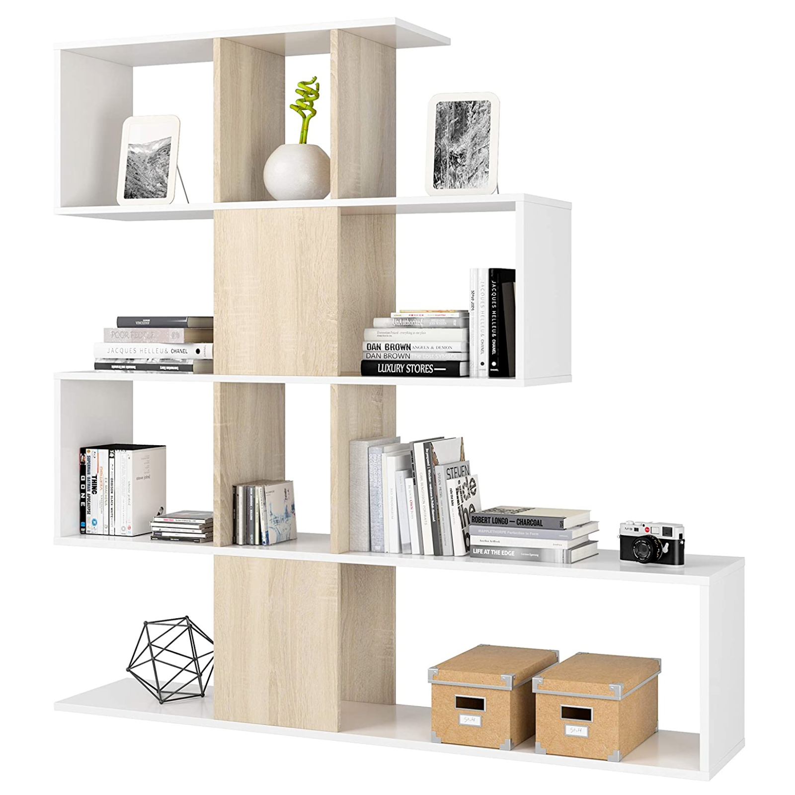 Libreria in legno "Poon" a muro bianco lucido e rovere moderna per ingresso,ufficio o cameretta