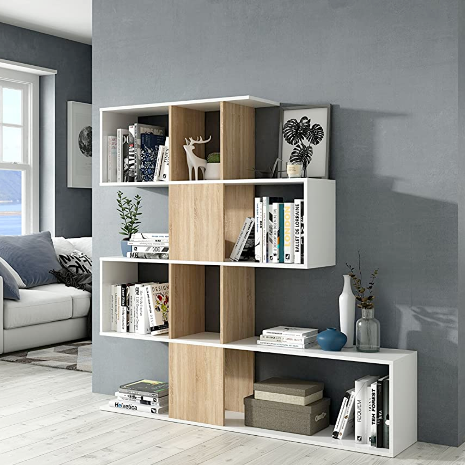 Libreria in legno "Poon" a muro bianco lucido e rovere moderna per ingresso,ufficio o cameretta