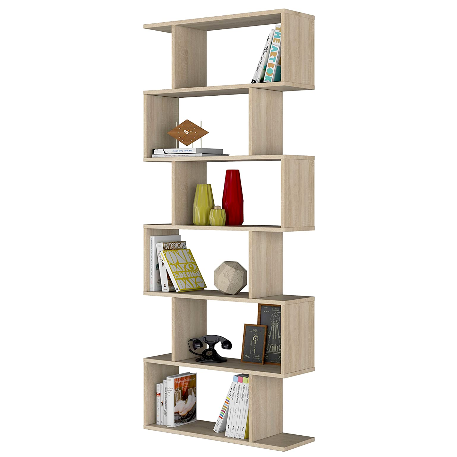 Libreria in legno "Bizz" rovere design moderno zigzag con 6 ripiani per cameretta,soggiorno o ufficio