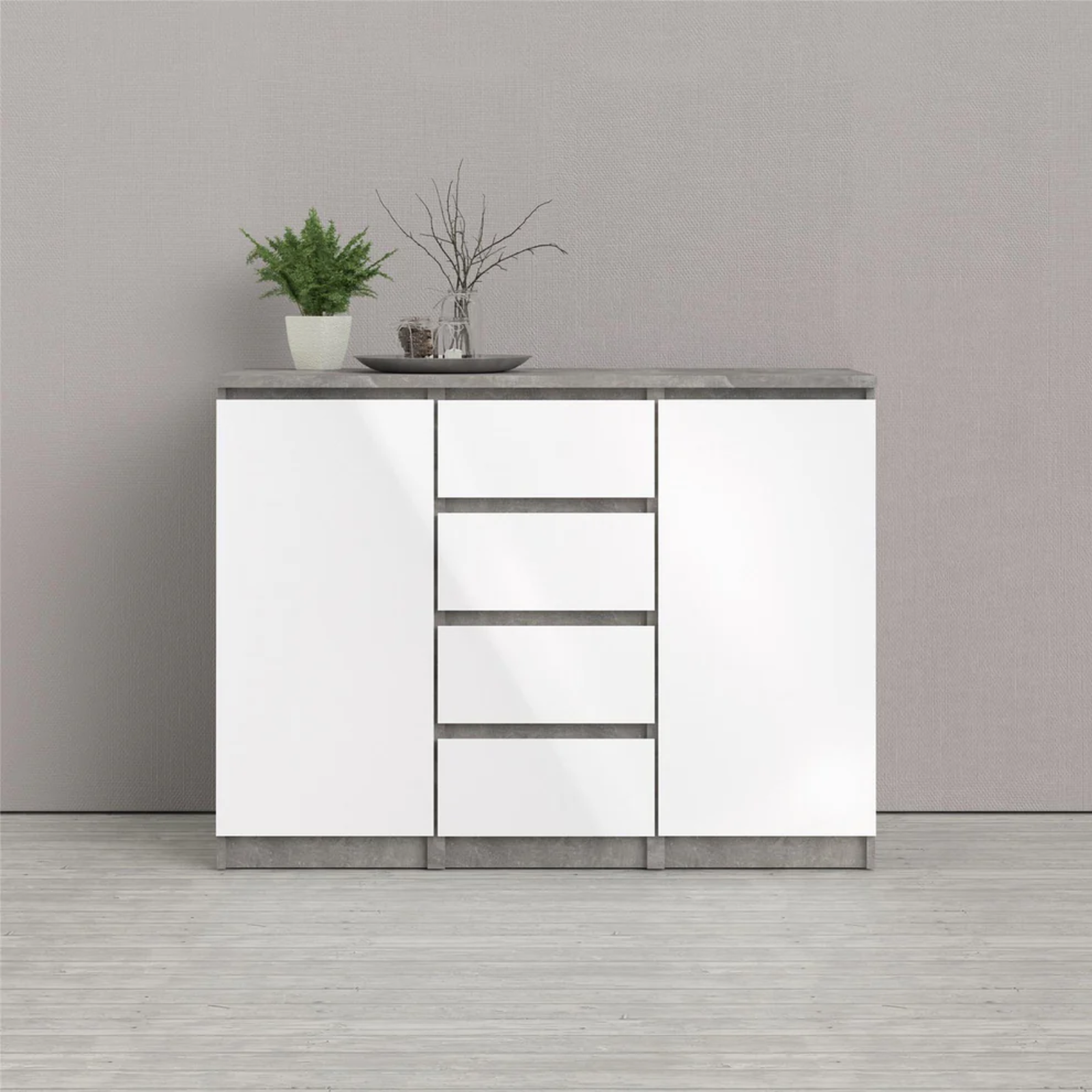 Credenza multiuso 121x90H 3 cassetti e 2 ante con ripiani cemento e bianco - Linea Mina