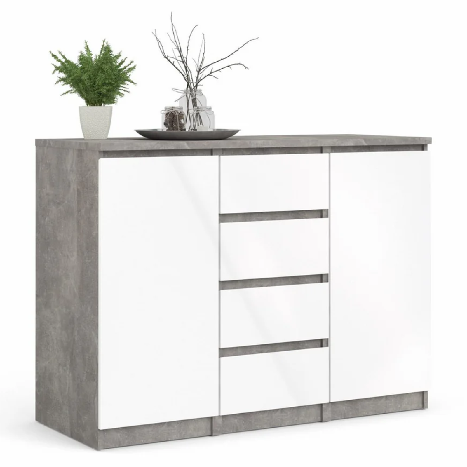Credenza multiuso 121x90H 3 cassetti e 2 ante con ripiani cemento e bianco - Linea Mina