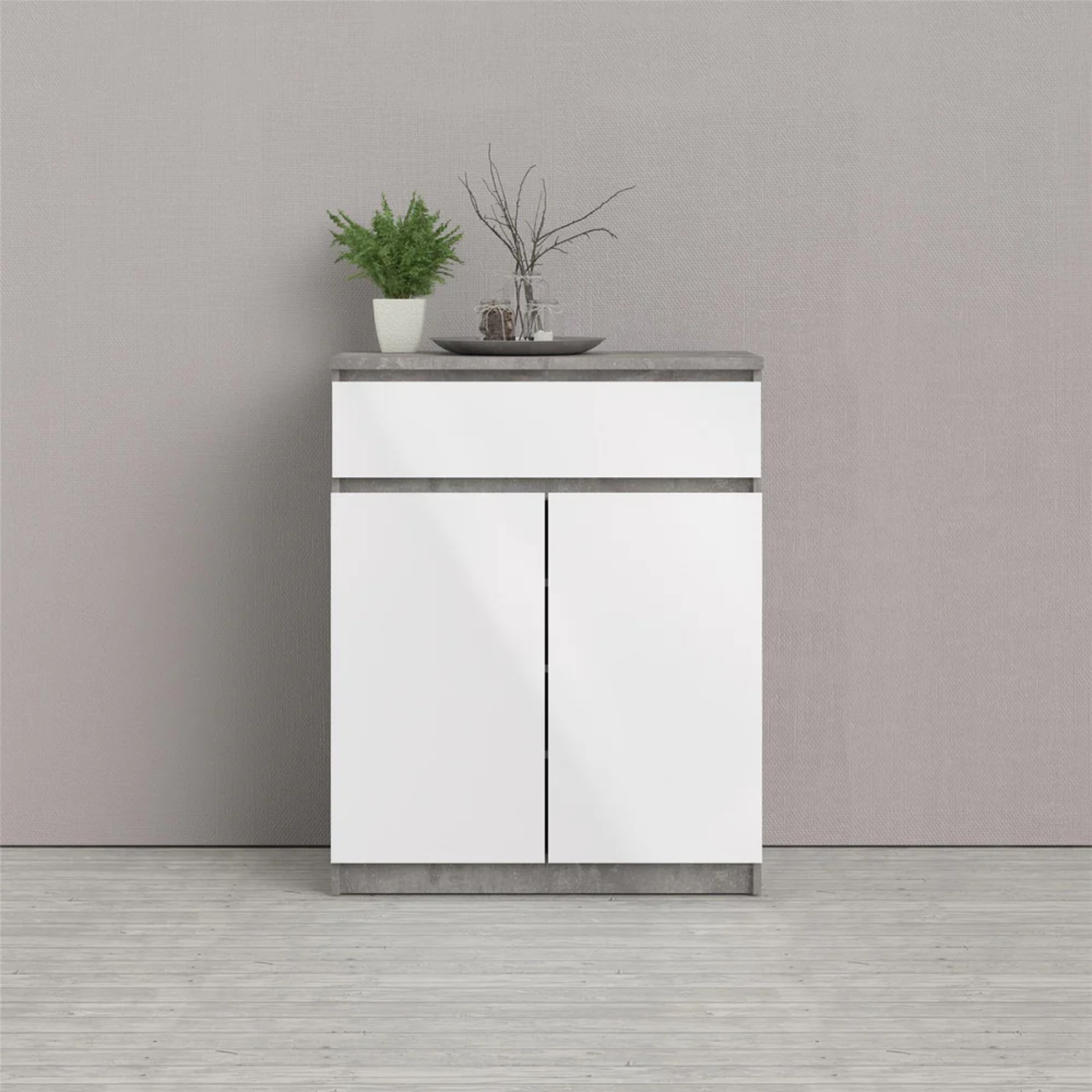 Cassettiera multiuso 80x100H 1 cassetti e 2 ante con ripiani cemento e bianco - Linea Mina