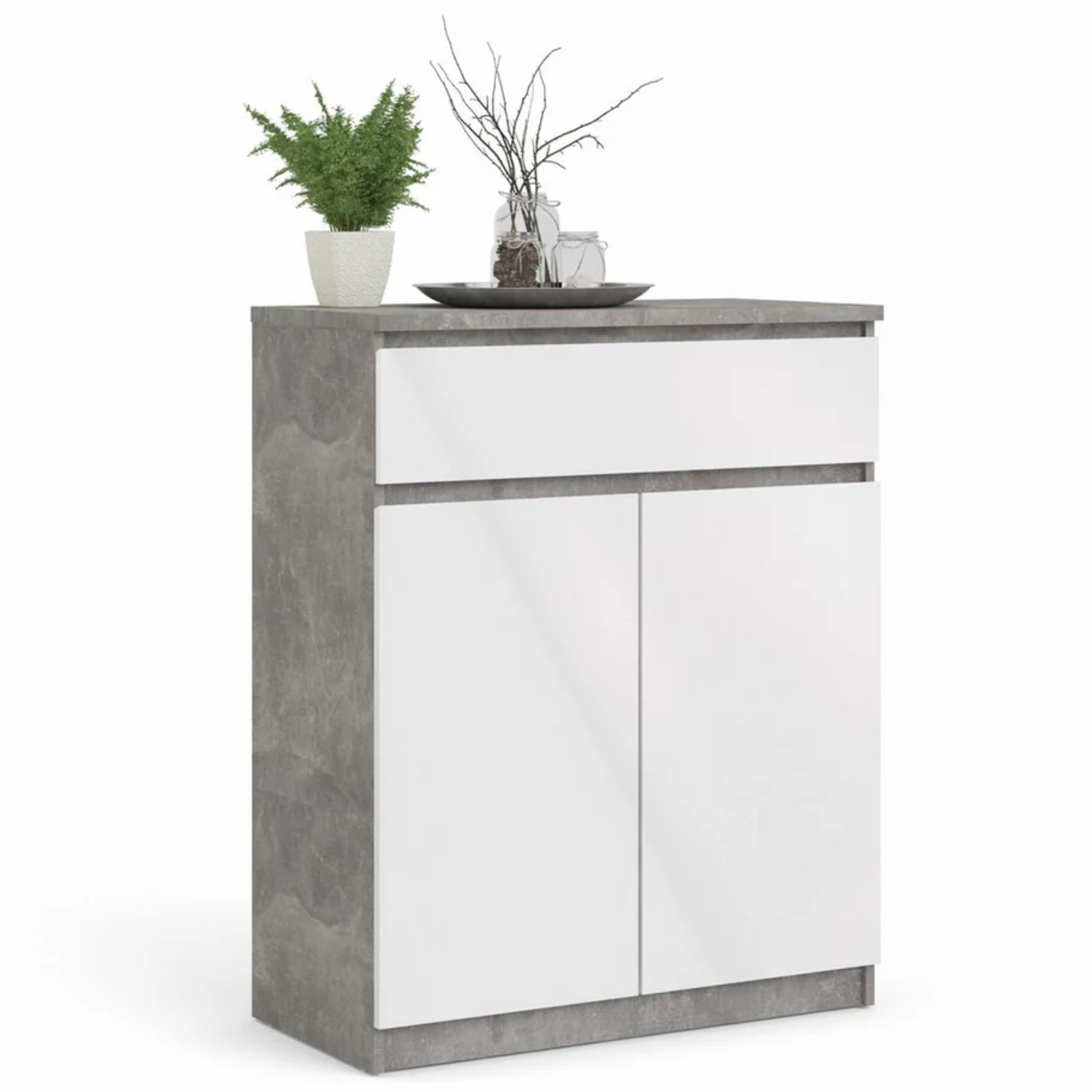 Cassettiera multiuso 80x100H 1 cassetti e 2 ante con ripiani cemento e bianco - Linea Mina