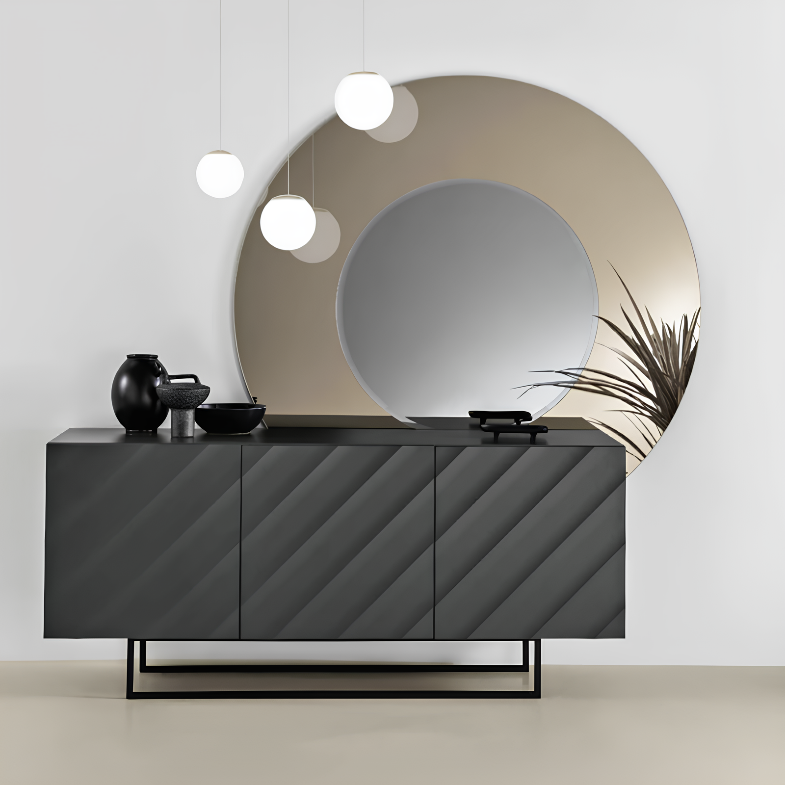 Madia 3 ante in legno antracite 180x80h con base base slitta in metallo nero - Fiorenza