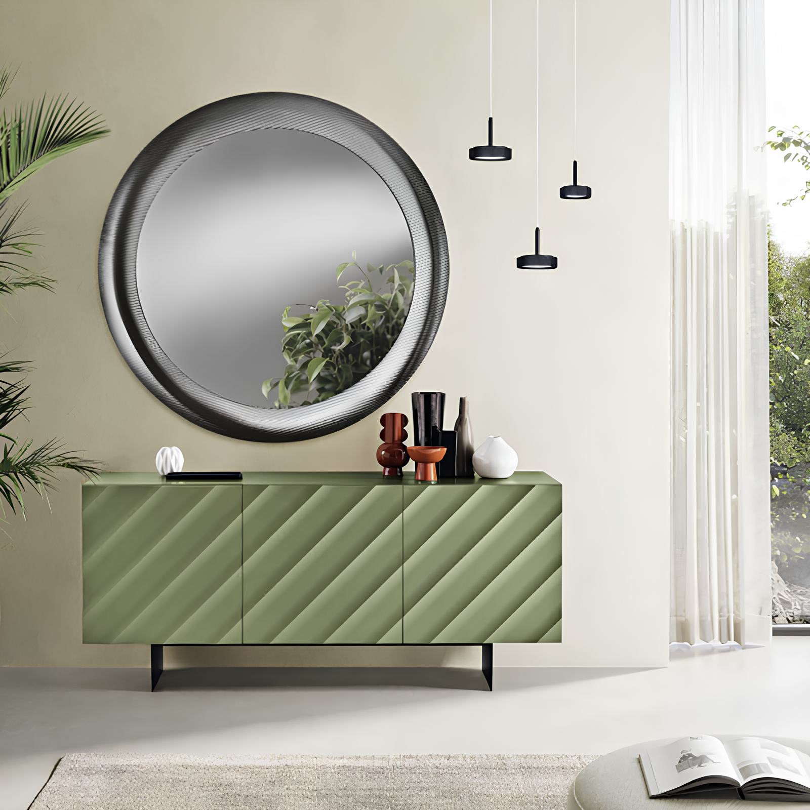 Madia 3 ante in legno verde 180x80h con base traverso in metallo nero - Fiorenza