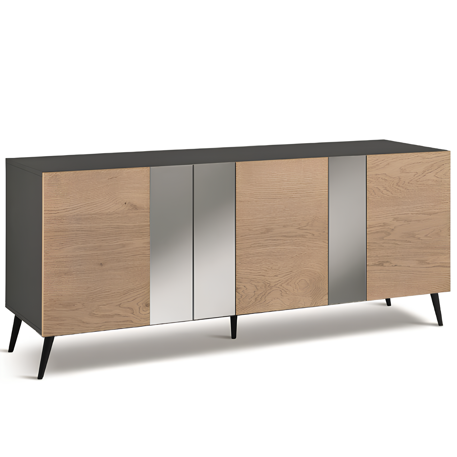 Madia moderna 3 ante con inserti specchio 180x80h antracite e rovere con 5 gambe in metallo nero - Sofia
