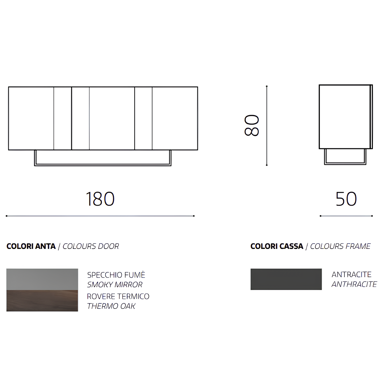Madia moderna 3 ante con inserti specchio 180x80h antracite e rovere termico con base slitta in metallo nero - Sofia