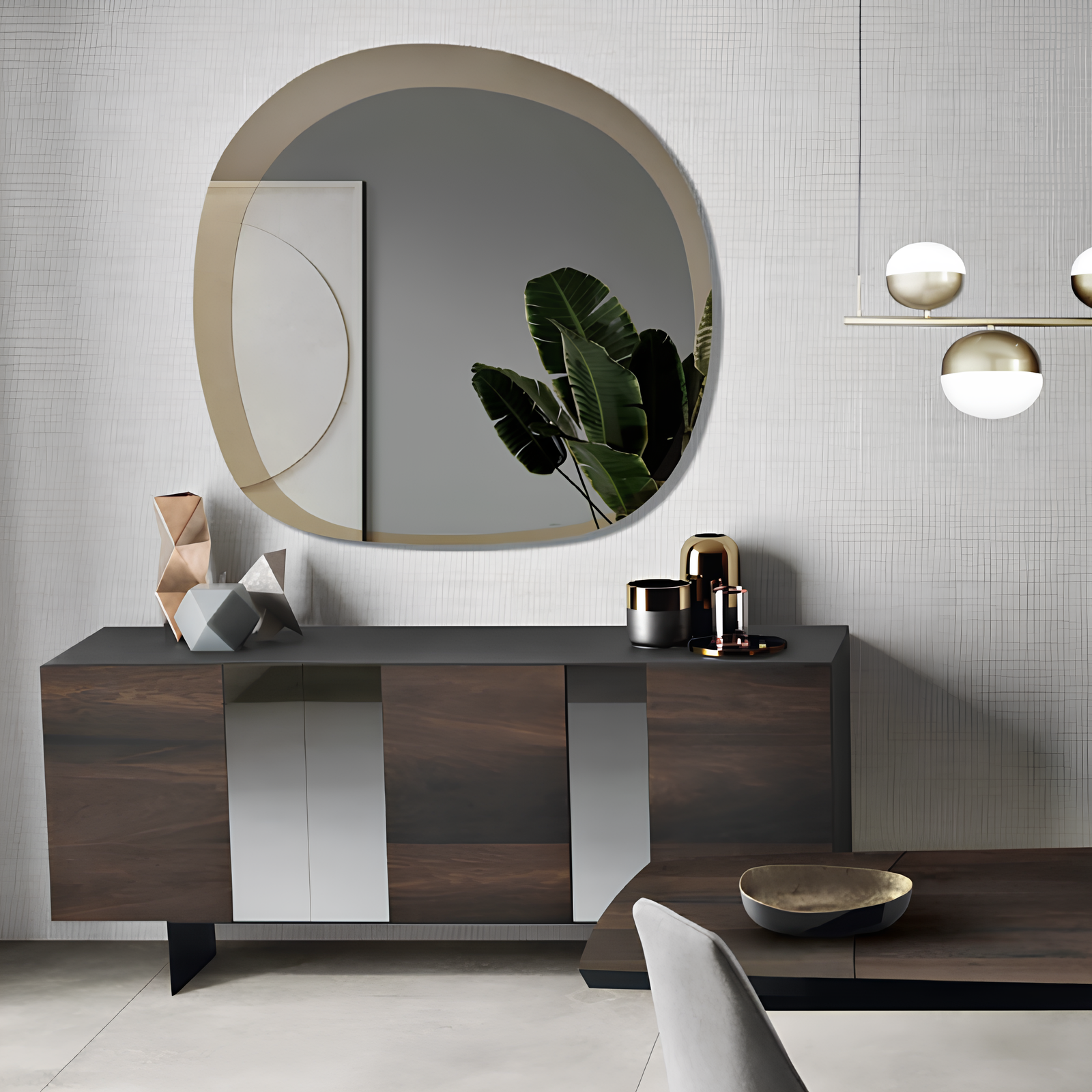 Madia moderna 3 ante con inserti specchio 180x80h antracite e rovere con base traverso in metallo nero - Sofia