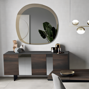 Madia moderna 3 ante con inserti specchio 180x80h antracite e rovere con base traverso in metallo nero - Sofia
