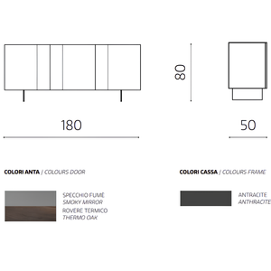 Madia moderna 3 ante con inserti specchio 180x80h antracite e rovere con base traverso in metallo nero - Sofia
