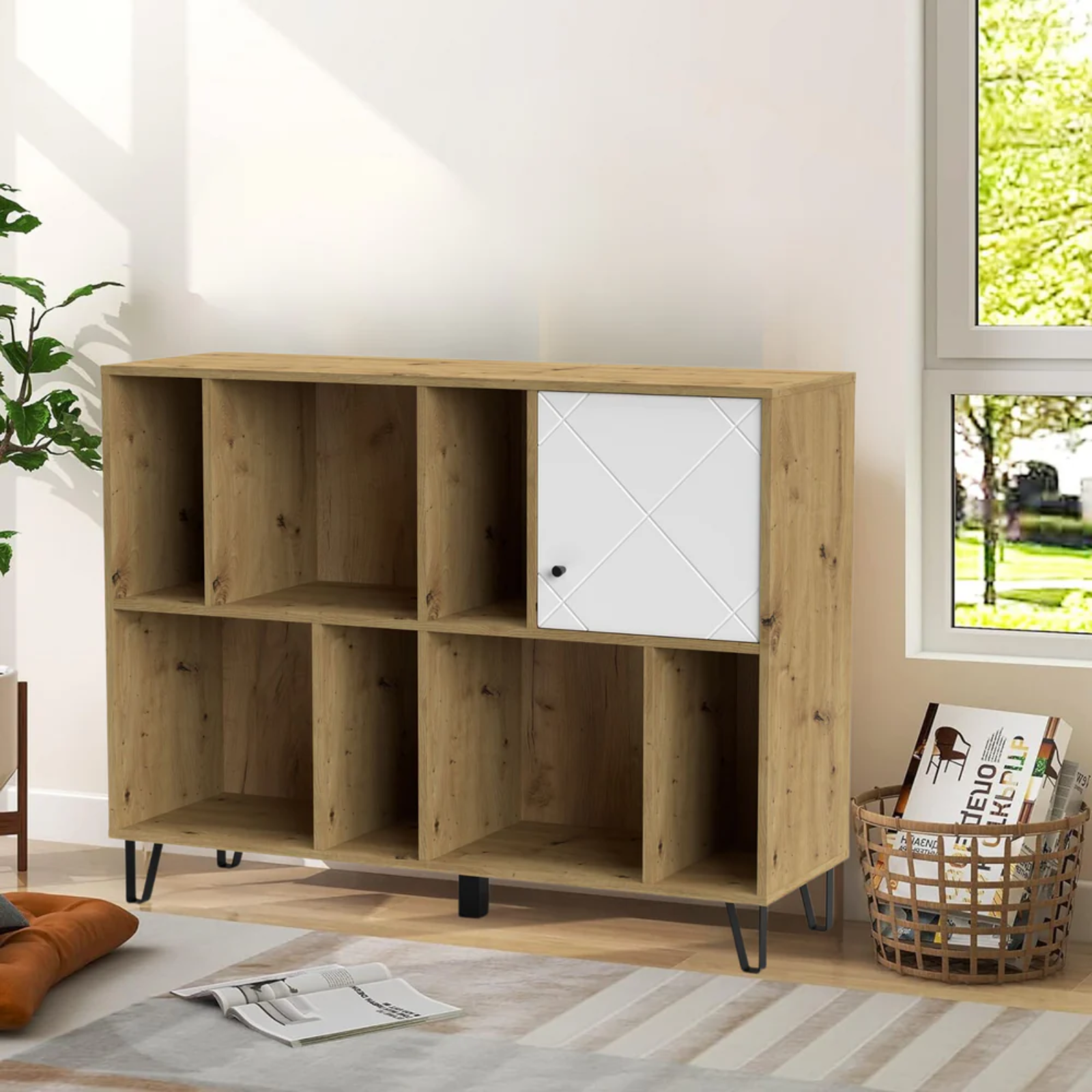 Mobile multiuso in legno 123x95H con vani a giorno e 1 cassetto rovere e bianco - Linea Bolli