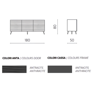 Madia moderna 180x80h in legno antracite 3 ante con 5 gambe in metallo nero - Orchidea