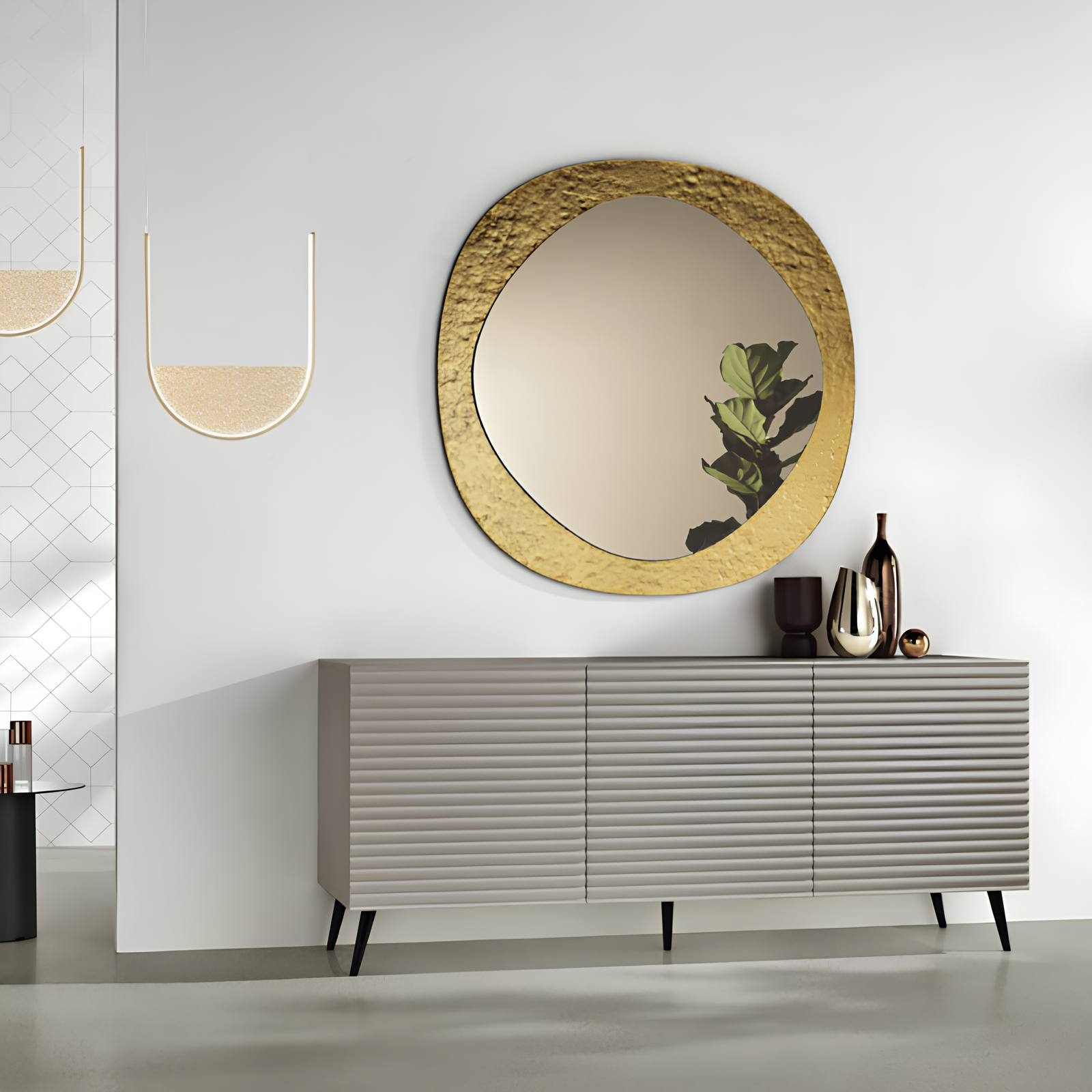 Madia moderna 180x80h in legno tortora 3 ante con 5 gambe in metallo nero - Orchidea