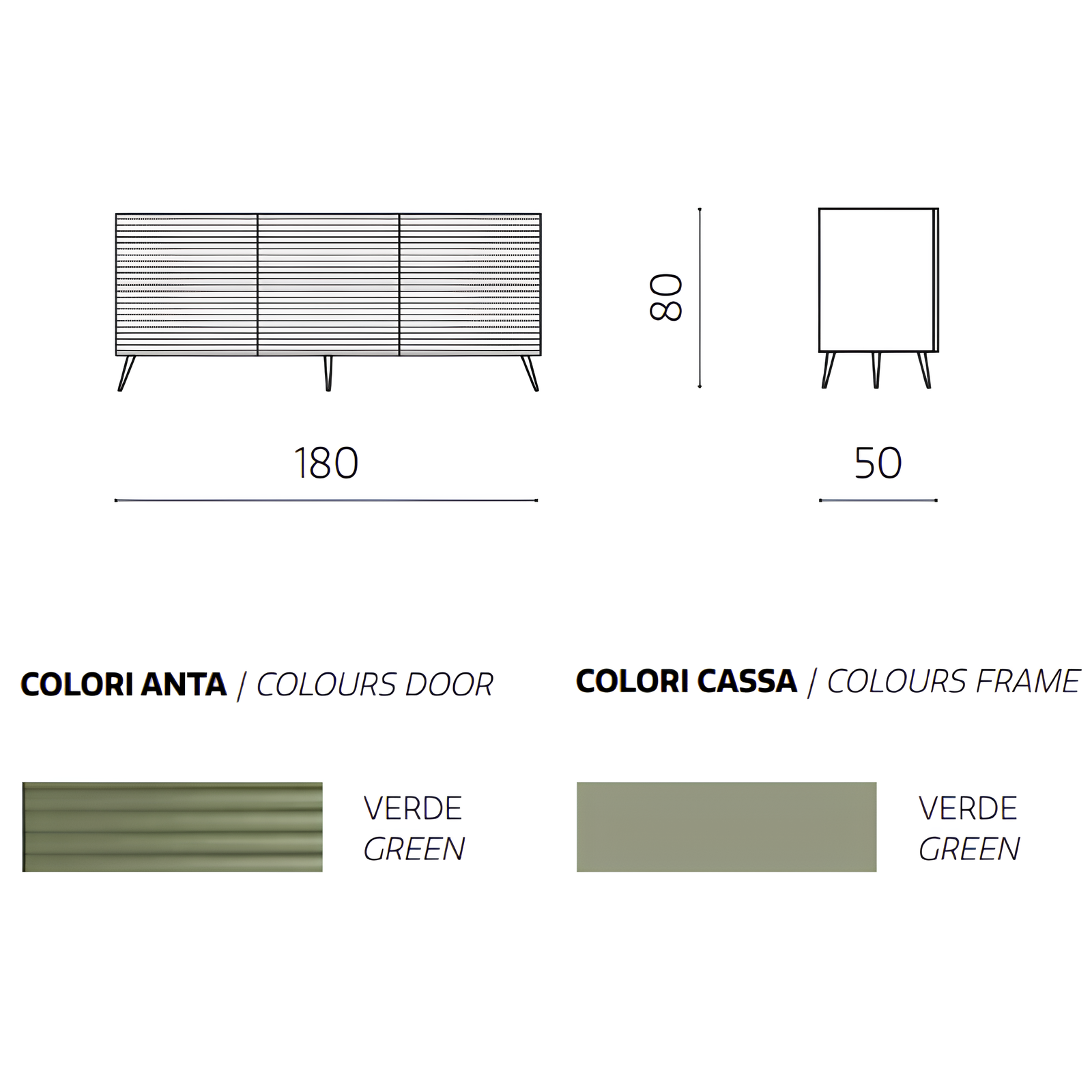 Madia moderna 180x80h in legno verde 3 ante con 5 gambe in metallo nero - Orchidea