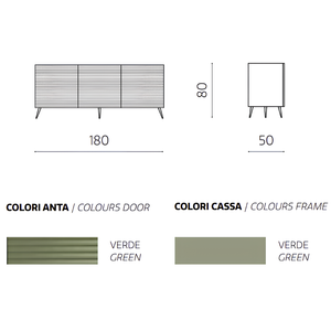 Madia moderna 180x80h in legno verde 3 ante con 5 gambe in metallo nero - Orchidea