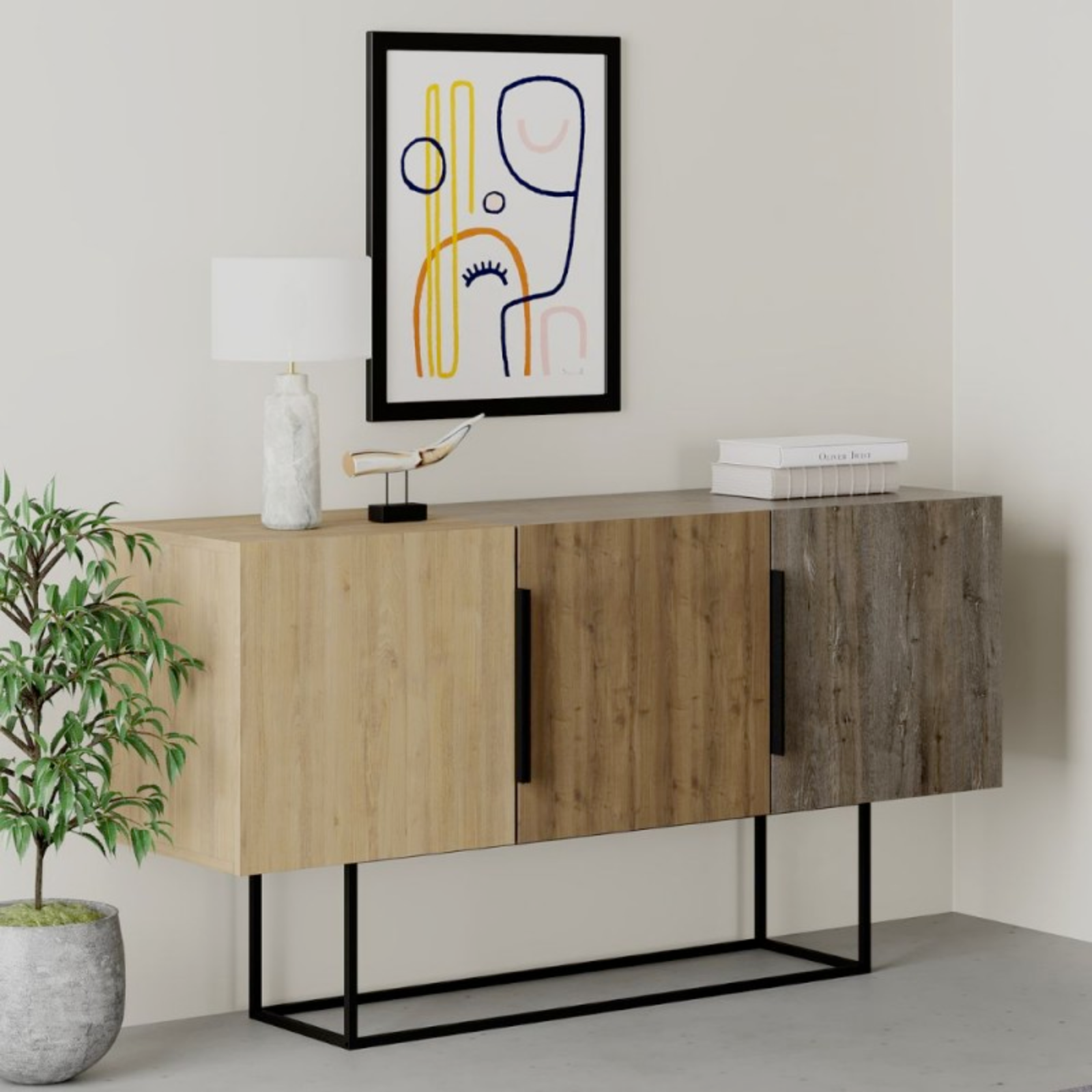Madia da soggiorno design moderno con 3 ante multicolor con struttura in legno e base in metallo