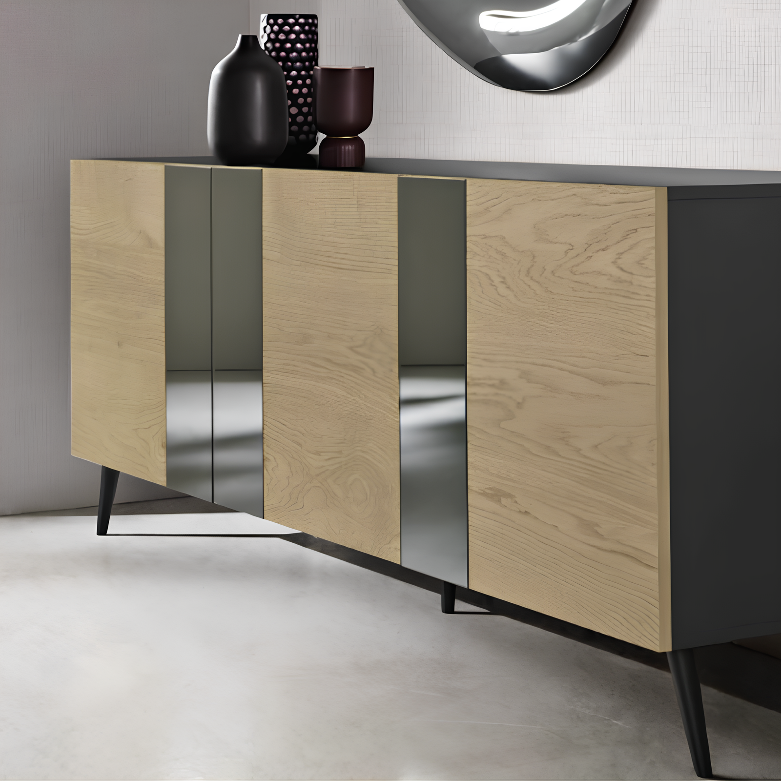 Madia moderna 3 ante con inserti specchio 180x80h antracite e rovere con 5 gambe in metallo nero - Sofia