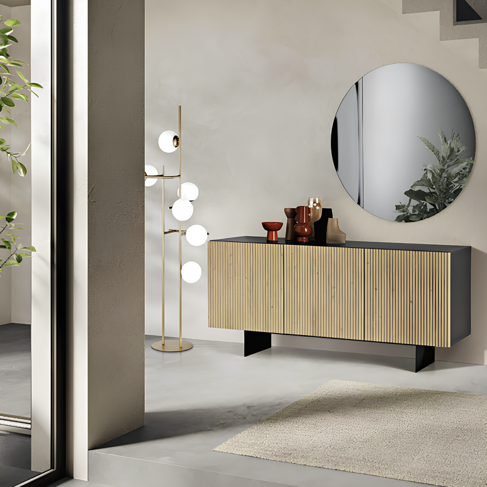 Madia 180x80h con 3 ante in legno color antracite e rovere chiaro con base traverso in metallo nero - Vittoria