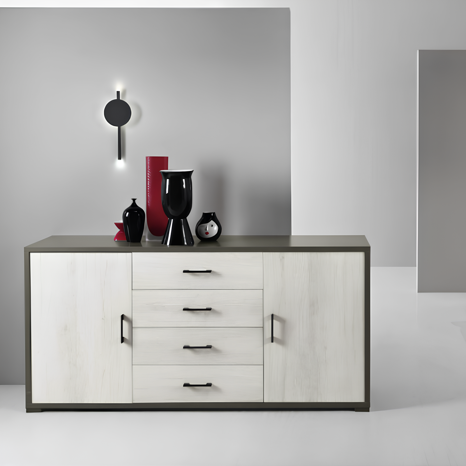 Madia da soggiorno 174 cm in melaminico con 2 ante e 4 cassetti frontali quercia bianca e cassa color titanio - Vale