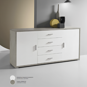 Madia da soggiorno 174 cm in melaminico con 2 ante e 4 cassetti frontali bianco fiammato e cassa color cemento - Vale