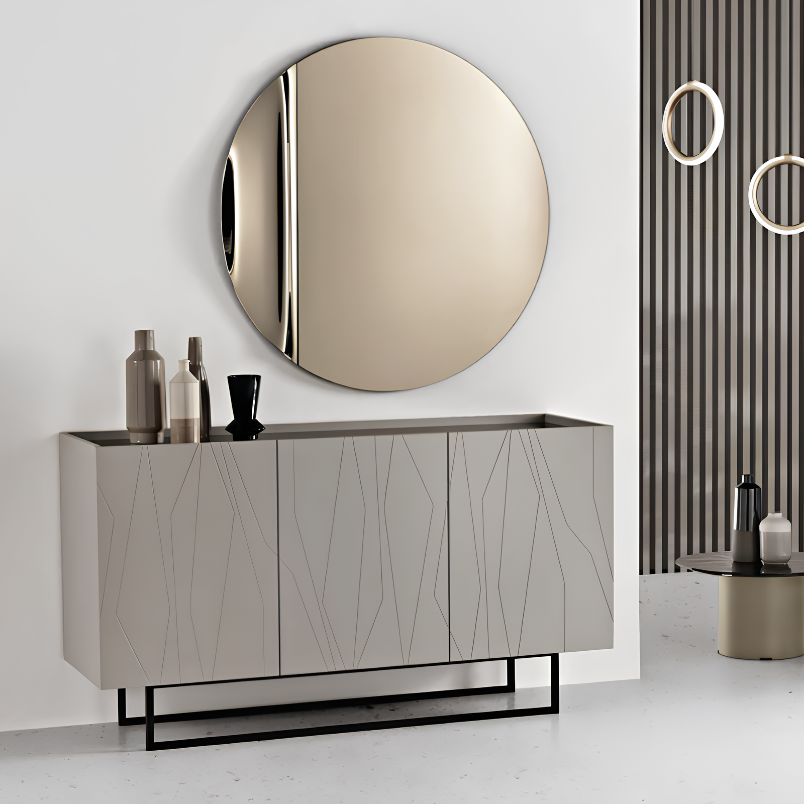 Madia 3 ante in legno tortora 160x89h top in vetro bronzo con base slitta in metallo nero - Elysia