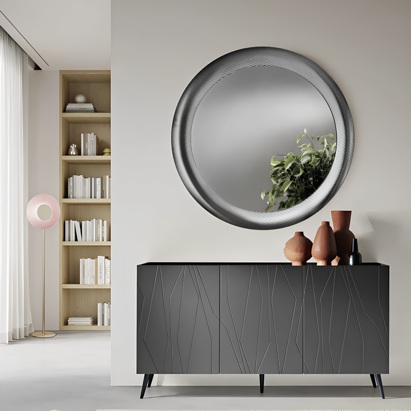 Madia 3 ante in legno antracite 160x89h top in vetro fumè con 5 gambe in metallo nero - Elysia