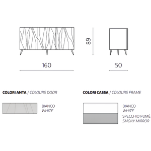 Madia 3 ante in legno bianco 160x69h top in vetro fumè con 5 gambe in metallo nero - Elysia