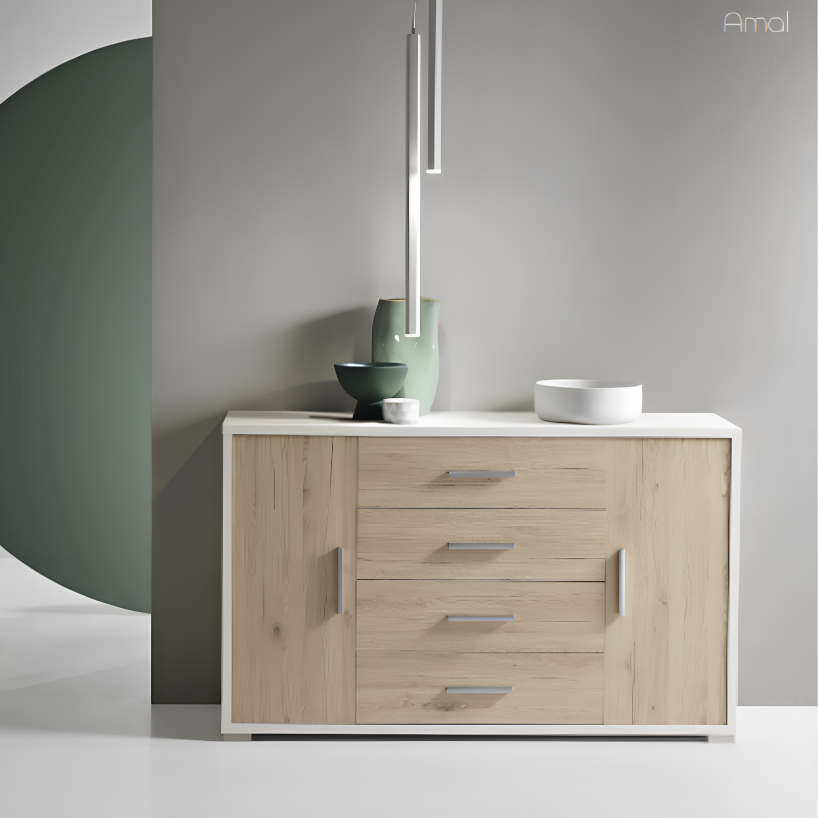 Madia moderna 197x84h in melaminico con 3 a ante e 4 cassetti rovere rustico e bianco ossido - Amel