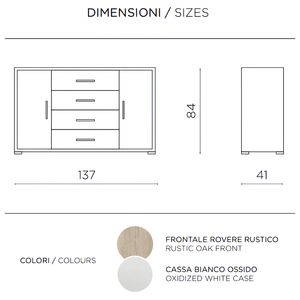 Madia moderna 197x84h in melaminico con 3 a ante e 4 cassetti rovere rustico e bianco ossido - Amel