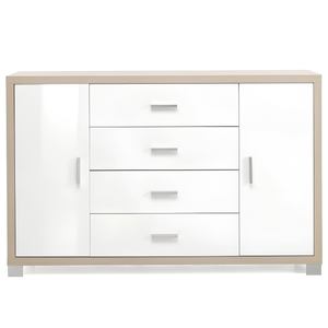 Madia moderna 197x84h in melaminico con 3 a ante e 4 cassetti bianco lucido e olmo chiaro - Amel