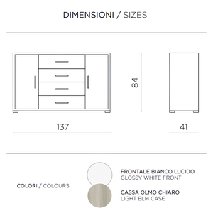 Madia moderna 197x84h in melaminico con 3 a ante e 4 cassetti bianco lucido e olmo chiaro - Amel