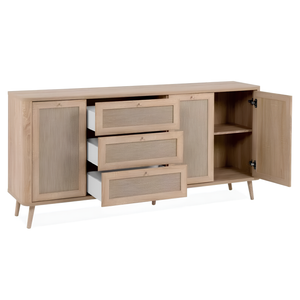 Madia 175 cm con 3 ante 3 cassetti e ripiani interni in legno color rovere effetto rafia - Kuti