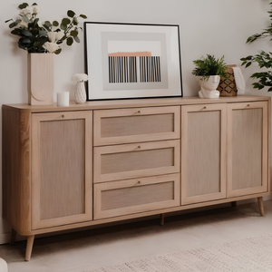 Madia 175 cm con 3 ante 3 cassetti e ripiani interni in legno color rovere effetto rafia - Kuti