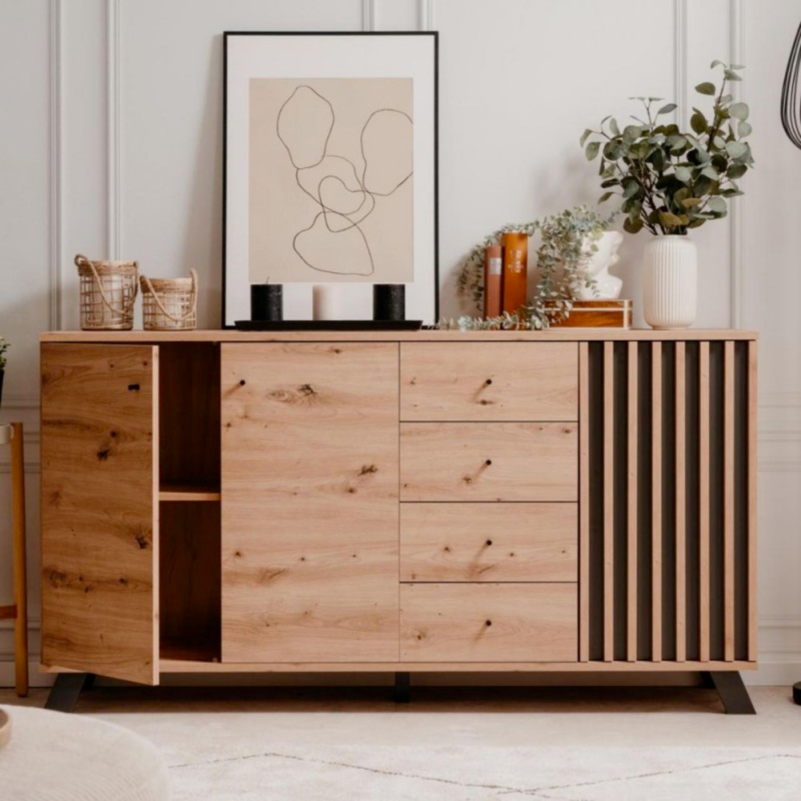 Madia da soggiorno design moderno color rovere con 3 ante e 4 cassetti